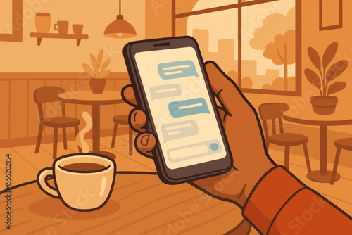 Hand holding smartphone with chat messages in cozy modern cafe interior, digital communication, coffee break, social media, urban lifestyle, vector cartoon illustration, warm color palette