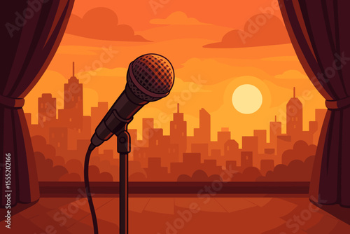 Microphone on Stage at Sunset, City Skyline Background, Live Performance Venue, Concert or Stand-Up Comedy Night, Urban Theater, Dramatic Lighting, Vector Cartoon Illustration