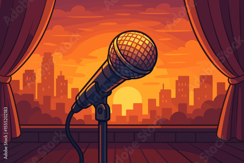 Microphone on Stage at Sunset with City Skyline, Dramatic Theater Curtains, Urban Concert, Live Performance, Stand-Up Comedy, Music Event, Vector Cartoon Illustration, Vibrant Evening Atmosphere