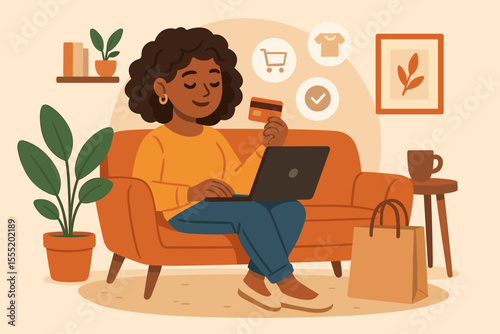 Woman Shopping Online at Home with Laptop and Credit Card. Cozy Living Room Interior. E-commerce, Digital Payment, Modern Lifestyle, Online Retail, Contactless Shopping, Vector Illustration