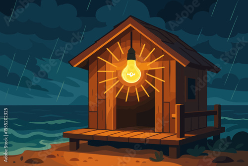 Glowing Light Bulb Illuminates Cozy Wooden Beach Hut at Night During Rainstorm, Seaside Cabin Shelter, Stormy Ocean, Warm Light Concept, Vector Cartoon Illustration, Nighttime Coastal Scene