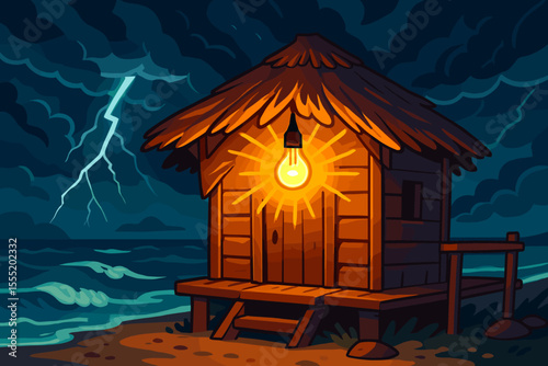 Cozy Seaside Hut Illuminated by Glowing Light Bulb During Night Thunderstorm, Ocean Waves, Lightning, Dramatic Sky, Warm Shelter, Vector Cartoon Illustration, Coastal Cabin Concept