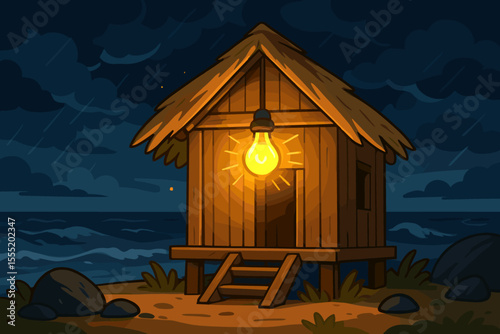 Cozy wooden beach hut glowing with bright light bulb at night during rainstorm, tropical seaside cabin, illuminated shelter, cartoon vector illustration, stormy ocean, peaceful refuge