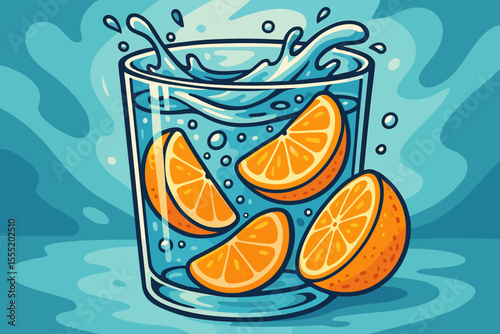 Vibrant tangerine orange slices splashing in clear glass of water, refreshing summer drink, cartoon vector illustration, citrus fruit beverage, hydration, blue background, no text
