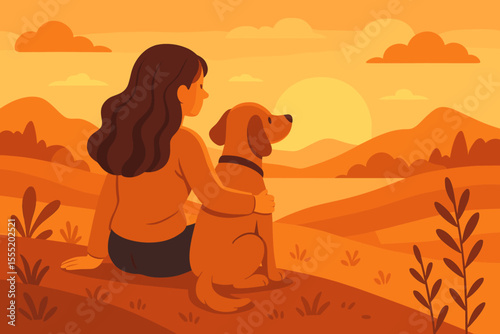 Woman and Dog Watching Sunset Together in Nature. Friendship, Relaxation, Peaceful Outdoor Landscape. Warm Colors, Scenic Hills, Emotional Bond, Tranquil Evening, Vector Cartoon Illustration