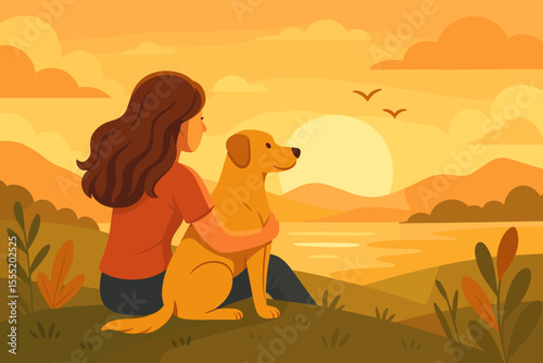 Serene sunset moment woman with dog outdoors. Friendship, companionship, peaceful landscape, nature, relaxation, happiness. Girl hugging pet, evening sky, mountains, lake. Vector illustration