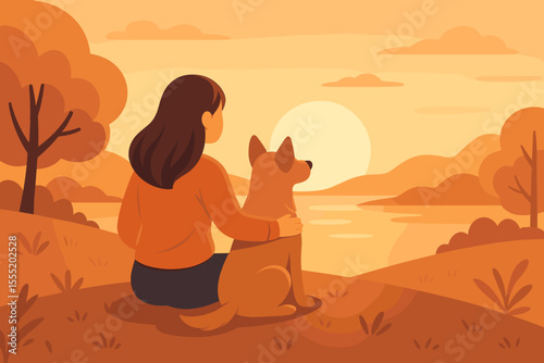 Woman and Dog Sitting Together Watching Sunset in Peaceful Nature Landscape. Friendship, Relaxation, Outdoor Bonding, Tranquil Evening Scene, Autumn Countryside, Vector Cartoon Illustration