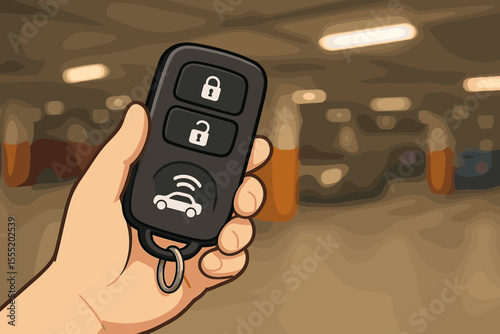 Vector illustration of hand holding car remote key with wireless control system in underground parking garage, unlocking and locking vehicle, modern security technology, transportation concept