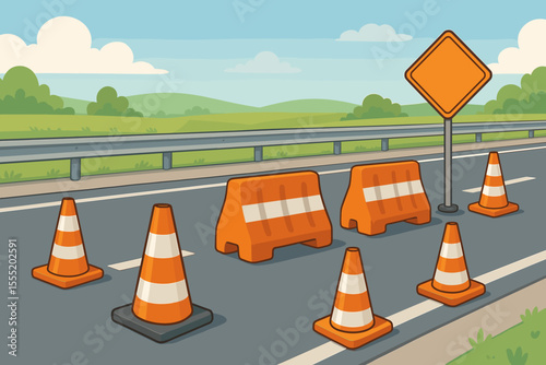 Highway road safety barriers and traffic cones vector illustration. Construction zone warning sign, orange pylons, cartoon street barricades, transportation safety equipment, no text, outdoor scene