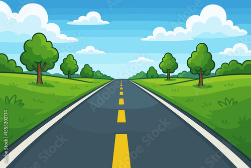 Cartoon highway road perspective with yellow dividing line, green landscape, blue sky, fluffy clouds, trees, summer countryside, scenic travel background, vector illustration, no text
