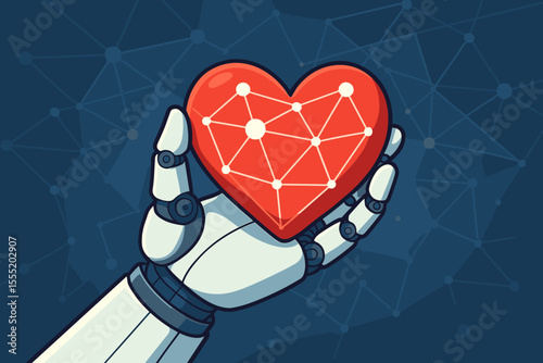 Robotic hand holding red heart with neural network connections, artificial intelligence and technology concept, machine learning, digital love, futuristic AI compassion, vector illustration