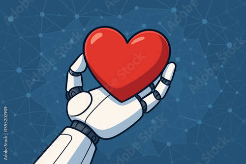 Robotic hand holding red heart symbolizing artificial intelligence empathy, technology compassion, human-robot connection, digital network background, futuristic AI healthcare concept
