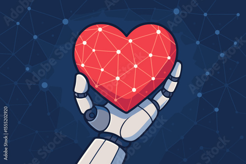 Robotic hand holding red heart with digital network connections, artificial intelligence, technology, machine learning, compassion, human-robot interaction, futuristic vector illustration