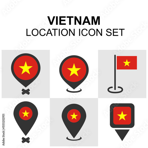 Vietnam location icon pack with national flag in various pin designs, perfect for Southeast Asia travel, business, or culture maps.