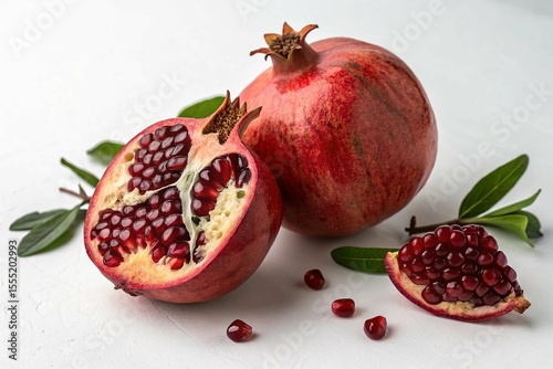 Pomegranate fruit also known as the queen of fruits grows widely in tropical areas on white background