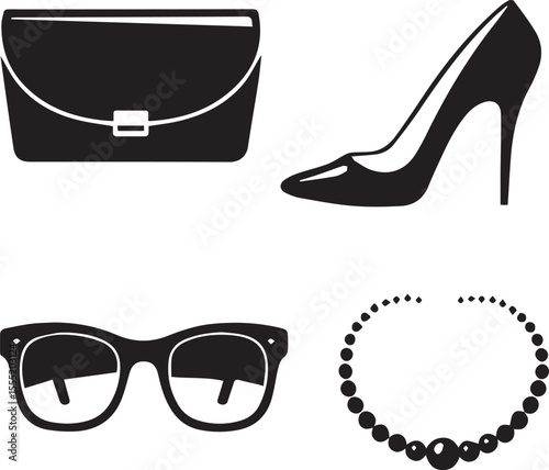 A collection of black and white silhouette illustrations of fashionable women's accessories.