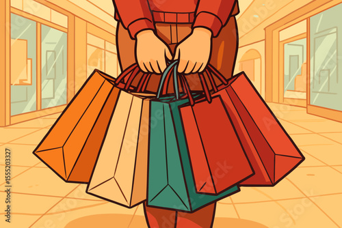 Hands Holding Multiple Colorful Shopping Bags in Modern Mall Interior, Concept of Consumerism, Retail Therapy, Shopping Spree, Urban Lifestyle, Vector Cartoon Illustration, No Text