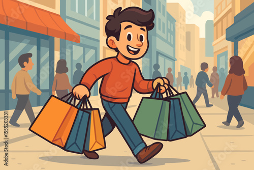 Cartoon vector illustration of a shopper walking on a busy city street carrying multiple shopping bags, urban retail scene, people in background, consumerism, shopping spree, modern lifestyle