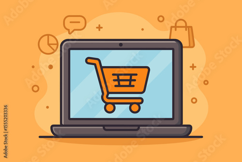 Online shopping cart icon on laptop screen. E-commerce business concept. Digital marketing, internet retail, web store, electronic commerce, checkout, purchase, vector cartoon illustration