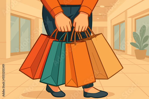 Woman holding multiple colorful shopping bags walking in modern mall corridor, retail therapy, consumerism, shopping spree, lifestyle, commerce, vector cartoon illustration, no text