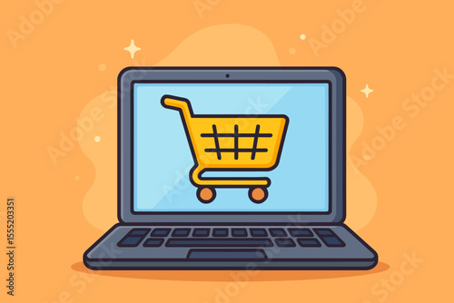 Online shopping cart icon on laptop screen vector illustration. E-commerce business, digital marketing, internet retail, web store, purchase concept. Modern flat cartoon design