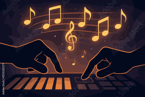 Silhouette hands playing digital music keyboard with glowing notes, electronic composition, modern synthesizer, creative sound production, abstract dark background, vector illustration