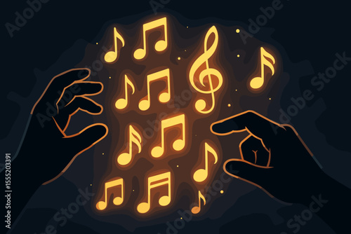 Glowing musical notes and treble clef floating between silhouetted hands on dark abstract background. Digital music creation, composition, sound creativity, vector illustration, modern concept art