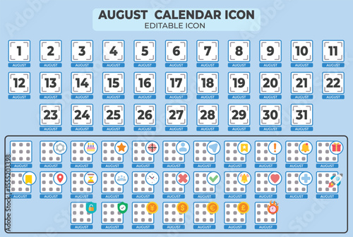 August Calendar Icon Collection with Editable Daily Planner for Scheduling and Planning