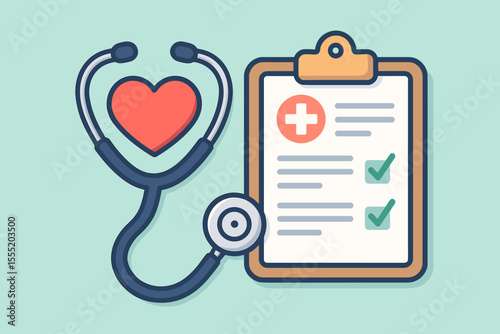 Stethoscope with Heart Shape and Medical Report Clipboard. Annual Health Checkup Concept. Healthcare Diagnosis, Wellness Examination, Medical Test, Prevention, Heart Care, Flat Vector Illustration