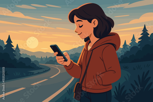Woman using smartphone walking along winding road at sunset, autumn forest landscape, outdoor adventure, digital navigation, travel technology, peaceful evening journey, scenic nature background