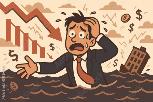 Businessman panicking during financial crisis, stock market crash, economic downturn, bankruptcy risk, sinking company, falling graph, loss, stress, cartoon vector illustration, money crisis
