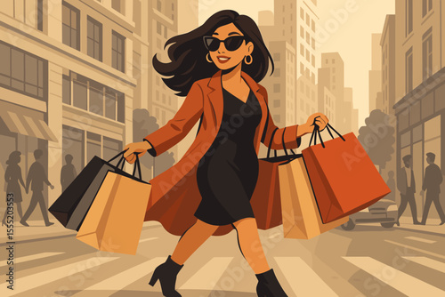 Fashionable woman in stylish coat walking across busy urban city street with multiple shopping bags, retail therapy, modern lifestyle, autumn shopping spree, vector illustration