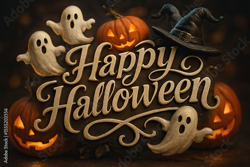 Happy Halloween Calligraphy with Pumpkins Ghosts and Festive Decorative Elements