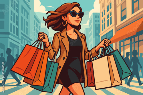 Fashionable woman shopping in city street, stylish female carrying multiple colorful bags, urban lifestyle, retail therapy, modern fashionista, trendy outfit, vector illustration