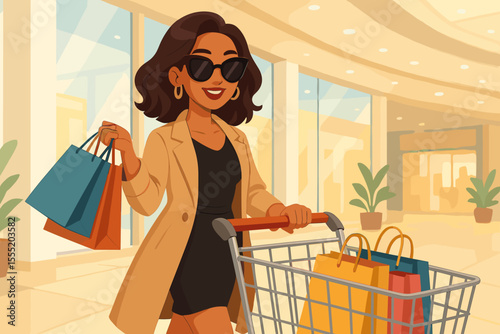 Fashionable woman shopping at modern mall, holding colorful bags and pushing cart, retail therapy, leisure activity, elegant style, indoor commercial center, vector illustration