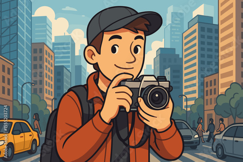 Urban street photographer with vintage film camera capturing city life. Cartoon vector illustration of photographer in bustling downtown, surrounded by skyscrapers, traffic, and pedestrians