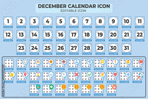 Editable December Calendar Icon Set with Customizable Events and Date Markers