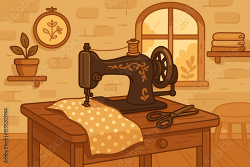 Vintage sewing machine with ornate floral details, polka dot fabric, scissors on wooden table in cozy home craft room, warm retro interior, handmade tailoring, creative workspace vector illustration