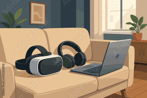 Modern living room interior with VR headset, wireless headphones, and laptop on beige sofa. Contemporary technology lifestyle, home workspace, digital entertainment, vector illustration
