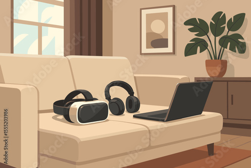 Modern living room interior with VR headset, wireless headphones, and laptop on sofa. Contemporary technology lifestyle, home workspace, digital devices, cozy minimalist decor. Vector illustration