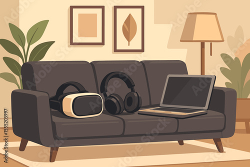 Modern living room interior with VR headset, wireless headphones, and laptop on stylish sofa. Contemporary technology lifestyle, home workspace, digital devices. Vector illustration concept