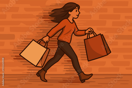 Energetic woman in motion with shopping bags, Black Friday sale, urban street, retail therapy, fast-paced shopping, autumn fashion, dynamic cartoon vector illustration, brick wall background