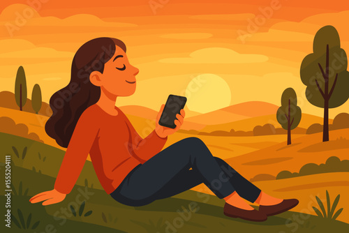 Woman relaxing outdoors with smartphone at sunset, peaceful rural landscape, leisure activity, digital lifestyle, nature scene, autumn evening, vector cartoon illustration