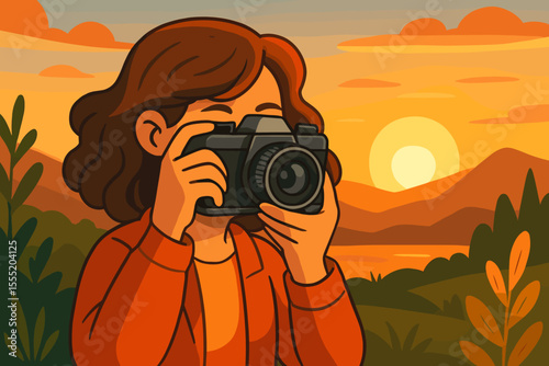 Woman photographer with retro film camera taking picture of beautiful sunset in scenic nature landscape. Outdoor adventure, travel, hobby, mountains, orange sky. Vector cartoon illustration