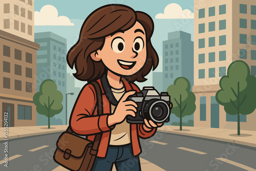 Smiling young woman photographer with retro film camera exploring urban city street, cartoon vector illustration, casual outfit, outdoor adventure, travel, hobby, modern downtown background