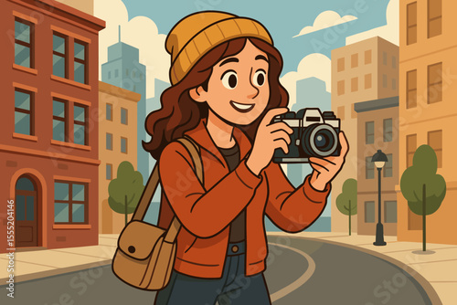 Young woman photographer exploring city streets with vintage film camera, urban adventure, autumn outfit, stylish female tourist, travel photography, cartoon vector illustration
