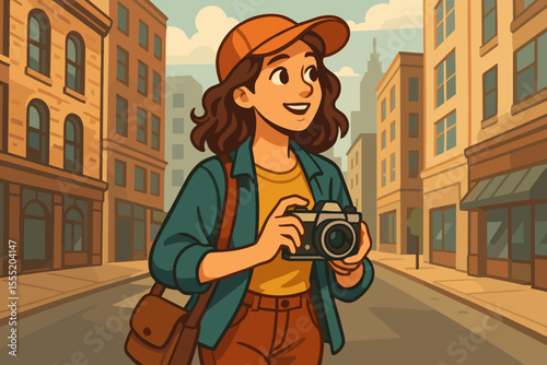 Young woman photographer exploring city streets with vintage film camera, urban adventure, casual outfit, travel, tourism, modern cartoon vector illustration, cityscape background