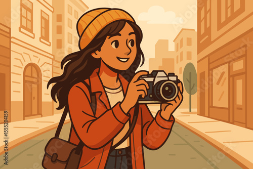 Young woman photographer exploring city streets with vintage film camera, autumn outfit, urban travel adventure, hand-drawn vector illustration, street photography, artistic lifestyle concept