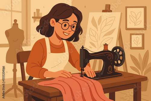 Seamstress sewing fabric on vintage sewing machine in cozy creative studio. Tailor working with textile, handmade craft, dressmaking process, retro workspace, artistic fashion illustration vector