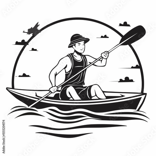 Man athlete canoeing on water illustration Vector Image isolated on white background.